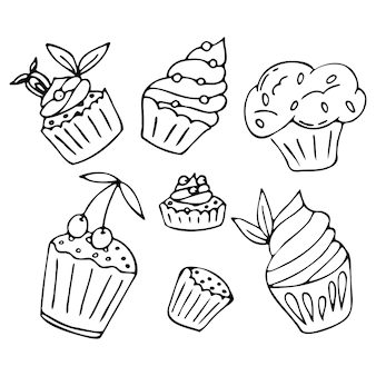 Vektor-set von muffins. doodle-stil. satz handgezeichnete cupcake-symbole. cupcakes und muffins für postkarten. bäckerei-logos