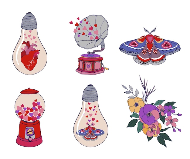 Vektor-valentinstag-cliparts lustige valentinstag-illustrationen bubblegum maschinenlampen und grammophon