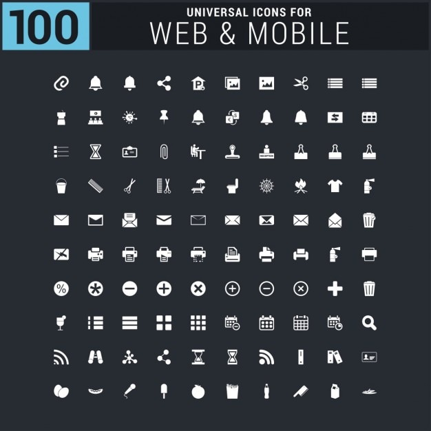Vektor weiß 100 universal-web-symbole auf schwarz gesetzt