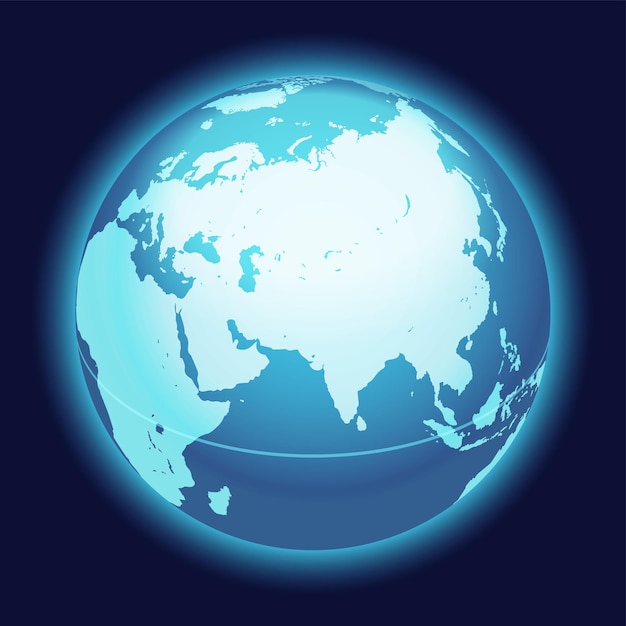 Vektor-weltkarte. china, ostasien, australien, zentrierte karte. blauer planet kugel-symbol.