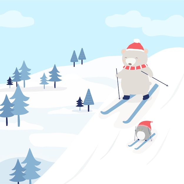 Kostenloser Vektor vektorcharakter mit einem bären und einem pinguin, die auf dem schnee ski fahren