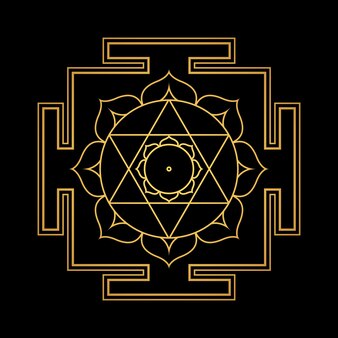 Vektordesign glänzendes gold devi kamala aspekt kamalatmika yantra dasa mahavidya heilige geometrie göttliche mandala illustration bhupura lotusblüten isolierten schwarzen hintergrund