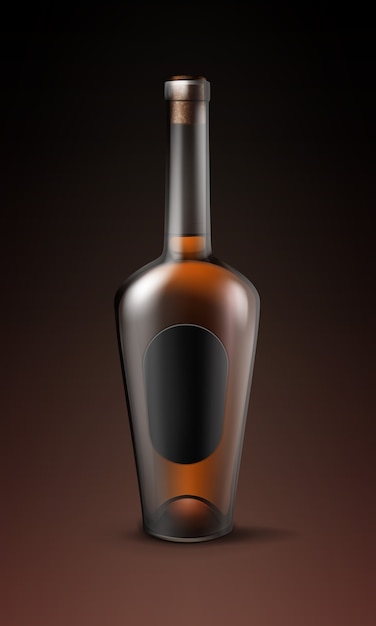 Kostenloser Vektor vektorglänzende braune glasflasche cognac-brandy mit ovaler schwarzer etikett-vorderansicht