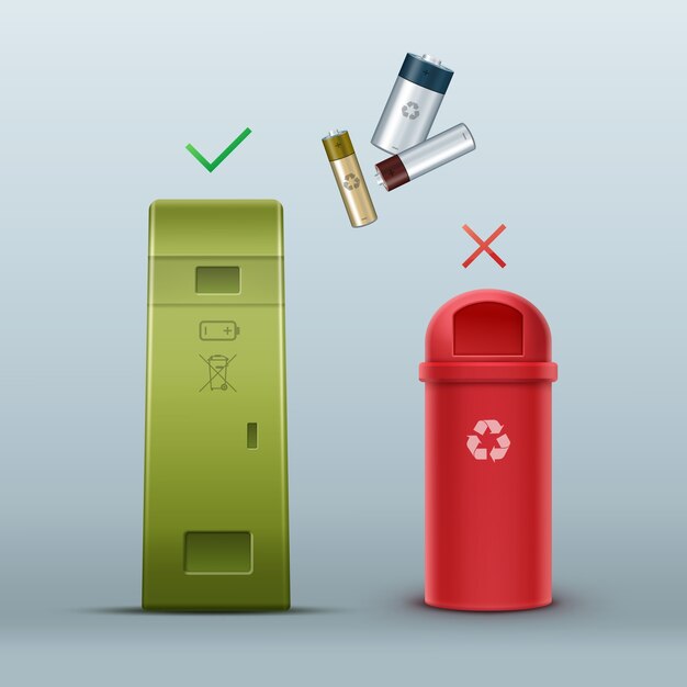 Vektorgrüne Batterie-Papierkorb für die Müllsortierung Vorderansicht