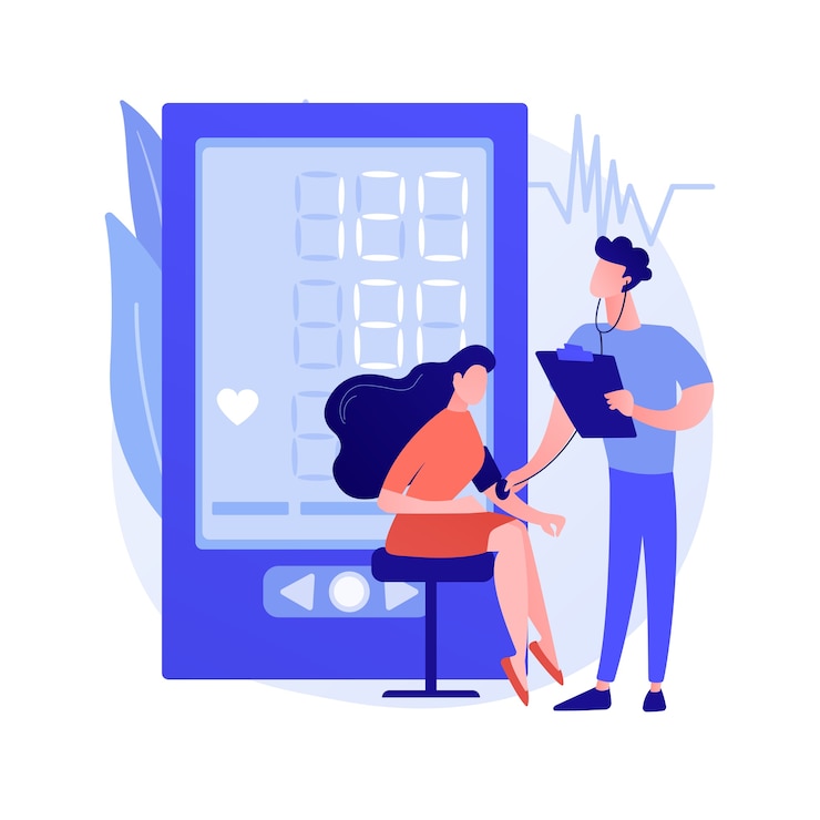 Kostenlose Vektor vektorillustration des abstrakten konzeptes des blutdruckscreenings. apotheken-screening-einrichtung, blutdruck-selbsttest, klinische untersuchung, gesundheitsdienst, abstrakte metapher des testprogramms.