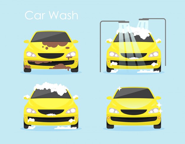 Vektorillustration Des Autowaschkonzepts Buntes Gelbes Auto Reinigt Schritt Fur Schritt Auf Blauem Hintergrund Im Flachen Karikaturstil Premium Vektor