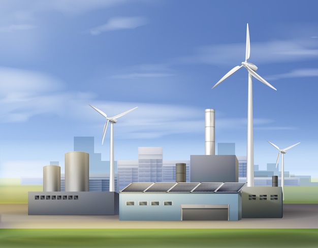 Vektorillustration erneuerbare Energie und Biokraftstoff mit Verwendung von Windkraftanlage und Sonnenkollektoren im Industriegebiet