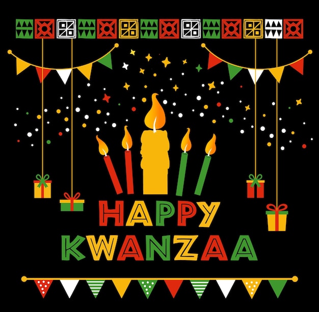 Vektorillustration von afrikanischen symbolen des kwanzaa-feiertags mit beschriftungskerzen auf schwarzem hintergrund