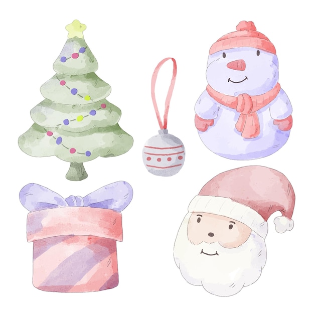 Vektorillustration Weihnachtsaquarellcharakter und -objekt mit einer Vielzahl von Art und Farbe. Frohe Weihnachten-Ausschnitt-Element Weihnachtskarten, Einladungen und Website-Feierdekoration.
