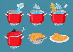 Vektorillustrationen zum kochen von nudeln eingestellt. rezeptanweisungen oder anweisungen, spaghetti in kochendem wasser im topf, makkaroni im sieb und schüssel isoliert auf blauem hintergrund. essen, kochkonzept