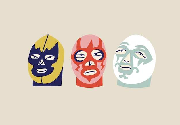 Vektorillustrationssatz des mexikanischen wrestlers der farbe head wrestler-kämpfer im maskencharakter