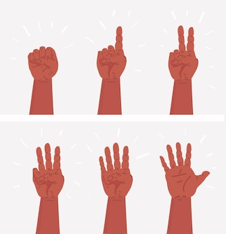 Vektorkarikatursatz der illustration, die hände zählt. konzept der menschlichen handfläche, gestengruppe für kinderschulung oder körpersprache. objekte auf weißem hintergrund. von eins bis fünf.