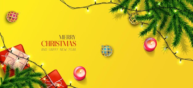 Vektorrealistisches Banner Frohe Weihnachten und ein glückliches neues Jahr mit festlichen Elementen horizontal orient