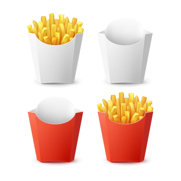 Vektorsatz der verpackten kartoffel-pommes frites mit der roten weißen leeren leeren karton-verpackungs-box lokalisiert auf hintergrund. fast food
