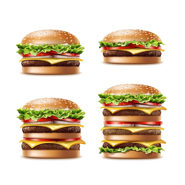 Vektorsatz von verschiedenen realistischen amerikanischen Hamburger-klassischen Burger-amerikanischen Cheeseburger mit Salat-Tomaten-Zwiebel-Käse-Rindfleisch und Soße Nahaufnahme lokalisiert auf weißem Hintergrund. Fast Food
