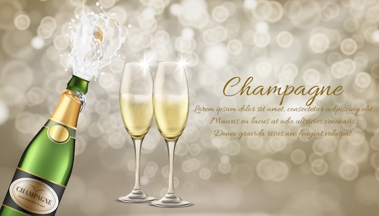 Kostenlose Vektor vektorwerbungs-fahnenschablone des auslesechampagners realistische. die champagne, die von der flasche mit korken heraus fliegen, zwei weingläser spritzt, füllte sekt oder kohlensäurehaltige alkoholgetränkillustration