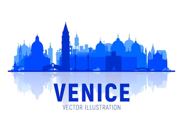 Kostenloser Vektor venedig, italien, stadtsilhouette, skyline mit panorama auf weißem hintergrund. vektorillustration. geschäftsreise- und tourismuskonzept mit alten gebäuden. bild für präsentationsbanner-website