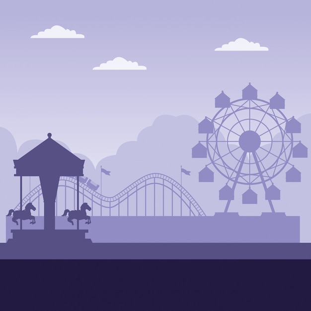 Vergnügungspark mit purpurrotem Hintergrund