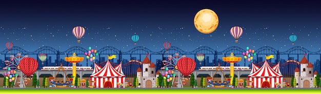 Vergnügungsparkszene bei Nacht mit Luftballons und Mondpanorama