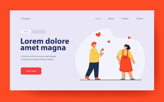 Verliebter junge, der mädchen-landingpage im flachen stil blumen schenkt