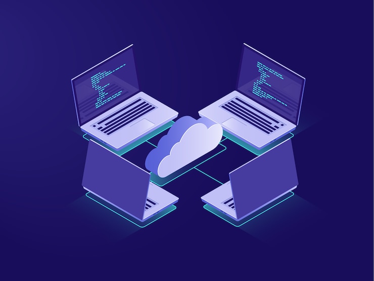 Kostenlose Vektor vernetzung mit vier laptops, internetverbindung, cloud-datenspeicher, serverraum