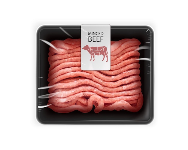 Verpackung von rohem hackfleisch in kunststoff-serviertablett mit realistischer mockup-vektorillustration von hackfleisch