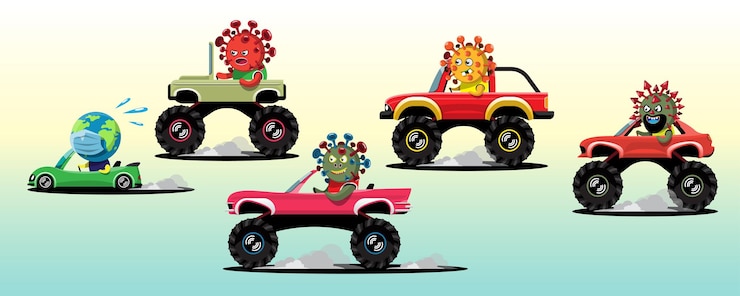 Kostenlose Vektor verschiedene arten von coronavirus in 4x4-fahrzeugen