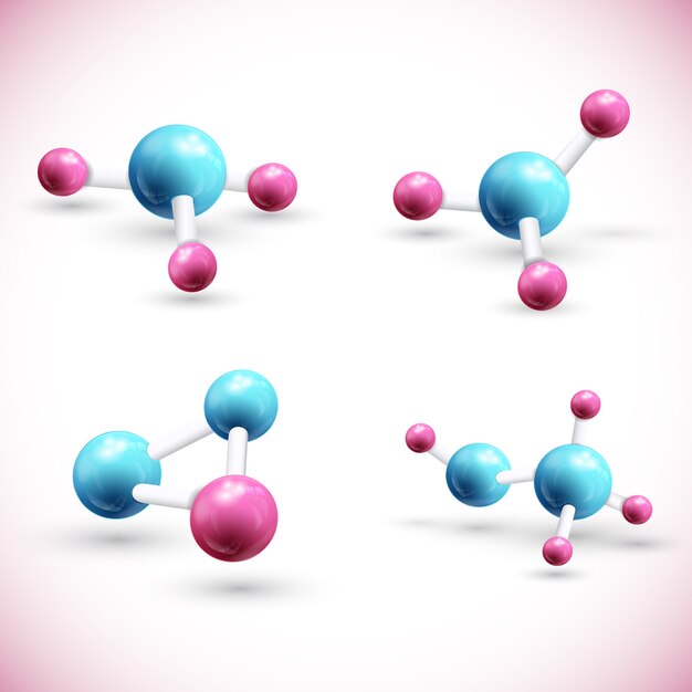 Verschiedene bunte Atomketten setzen isoliert mit Schatten und rosa Ecken 3d