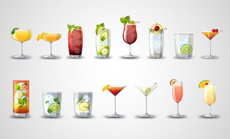 Verschiedene cocktails in den gläsern setzen cartoon