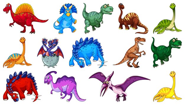 Verschiedene Dinosaurier-Cartoon-Figur und Fantasy-Drachen isoliert