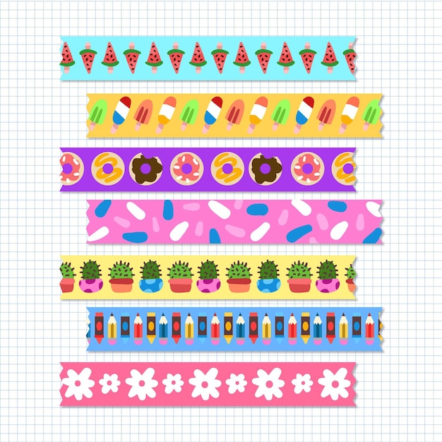 Verschiedene gezeichnete washi tapes pack