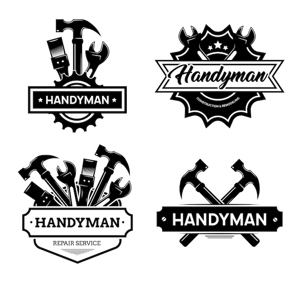 Verschiedene Handwerker Logo flache Icon Set. Schwarze Weinlesedienstabzeichen mit Schraubenschlüssel und Hammer für Mechanikerarbeitervektorillustrationssammlung. Bau und Wartung