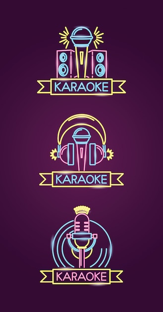 Verschiedene karaokes im neonstil mit mikrofon über lila