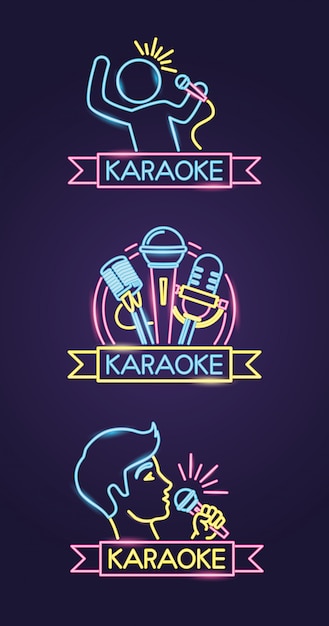 Verschiedene karaokes im neonstil mit sänger und mikrofon über lila