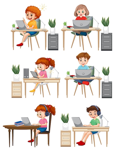 Kostenloser Vektor verschiedene kinder, die computer benutzen