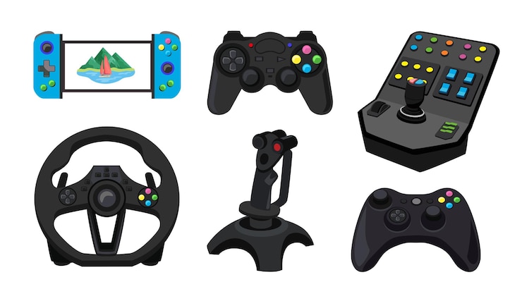 Kostenlose Vektor verschiedene konsolen für videospiele, vektorgrafiken. designs für gamepads, joysticks, geräte für gamer, gadgets zum spielen und steuern digitaler spiele. technologie, gaming-konzept