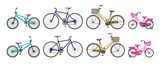 Verschiedene Modelle und Stile von Fahrrädern, aus denen die Fahrer je nach Alter und Verwendung wählen können. Vektorkarikaturillustrationsfahrrad lokalisiert auf einem weißen Hintergrund.