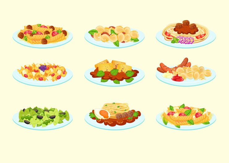 Kostenlose Vektor verschiedene pasta auf tellern serviert illustrationsset