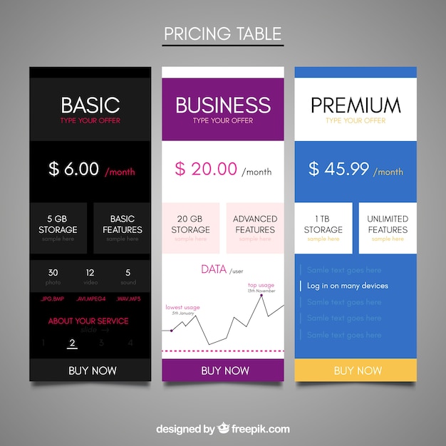 Kostenloser Vektor verschiedene preistabellen web