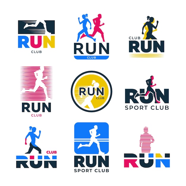 Verschiedene Retro Running Flat Logo Set. Bunte Schattenbilder der Läufer und Athleten, die Marathonvektorillustrationssammlung joggen. Sportverein, aktiver Lebensstil und Bewegung