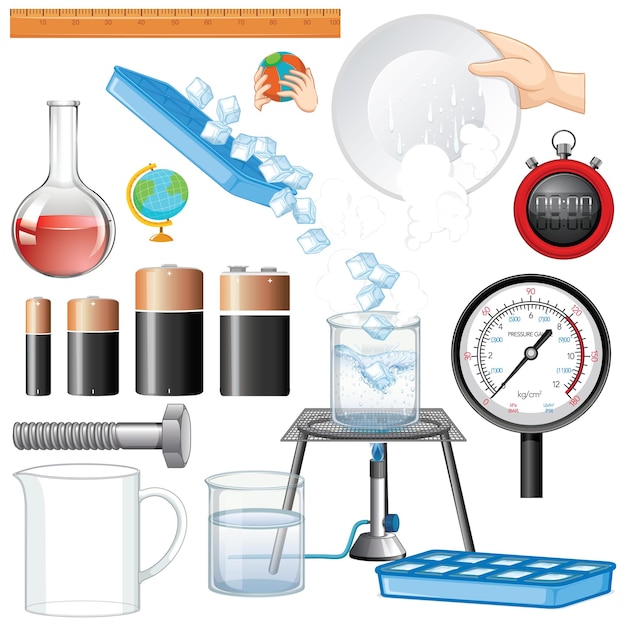 Kostenloser Vektor verschiedene wissenschaftsausrüstungen auf weißem hintergrund