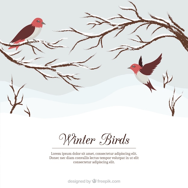 Verschneite Landschaft Hintergrund mit schönen Vögel und Zweige