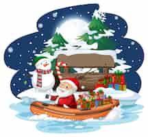 Kostenloser Vektor verschneite nacht mit dem weihnachtsmann, der geschenke mit dem boot liefert