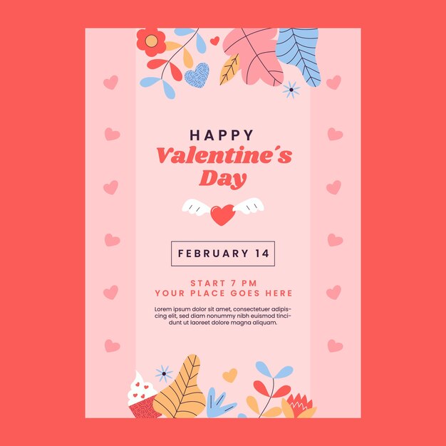 Vertikale Plakatschablone der flachen Valentinstagfeier