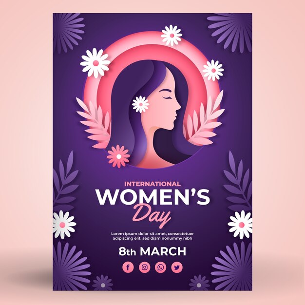 Vertikale Plakatvorlage für den internationalen Frauentag im Papierstil