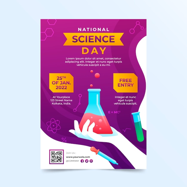 Kostenloser Vektor vertikale plakatvorlage für den nationalen wissenschaftstag mit farbverlauf