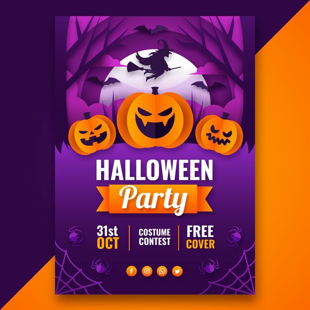 Vertikale Plakatvorlage für Halloween-Party im Papierstil