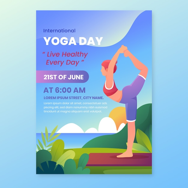 Vertikale plakatvorlage mit farbverlauf für die feier des internationalen yoga-tages