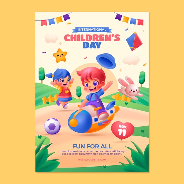 Kostenloser Vektor vertikale plakatvorlage mit farbverlauf für die feier zum internationalen kindertag