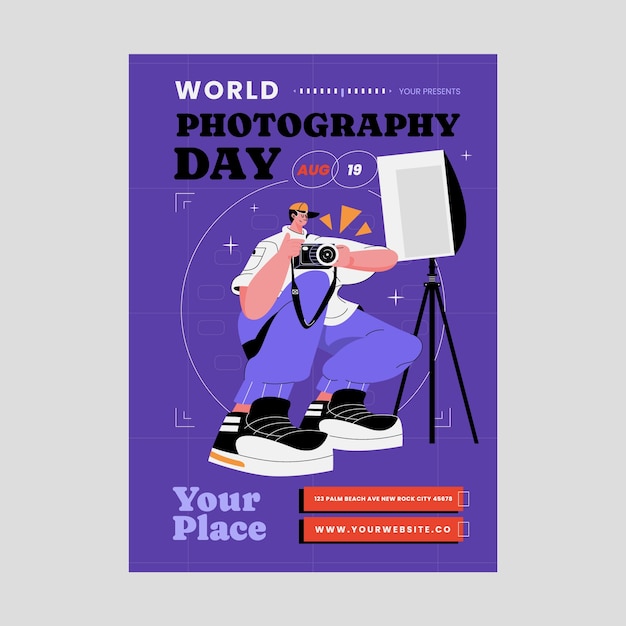 Vertikale Postervorlage für den flachen Weltfotografietag